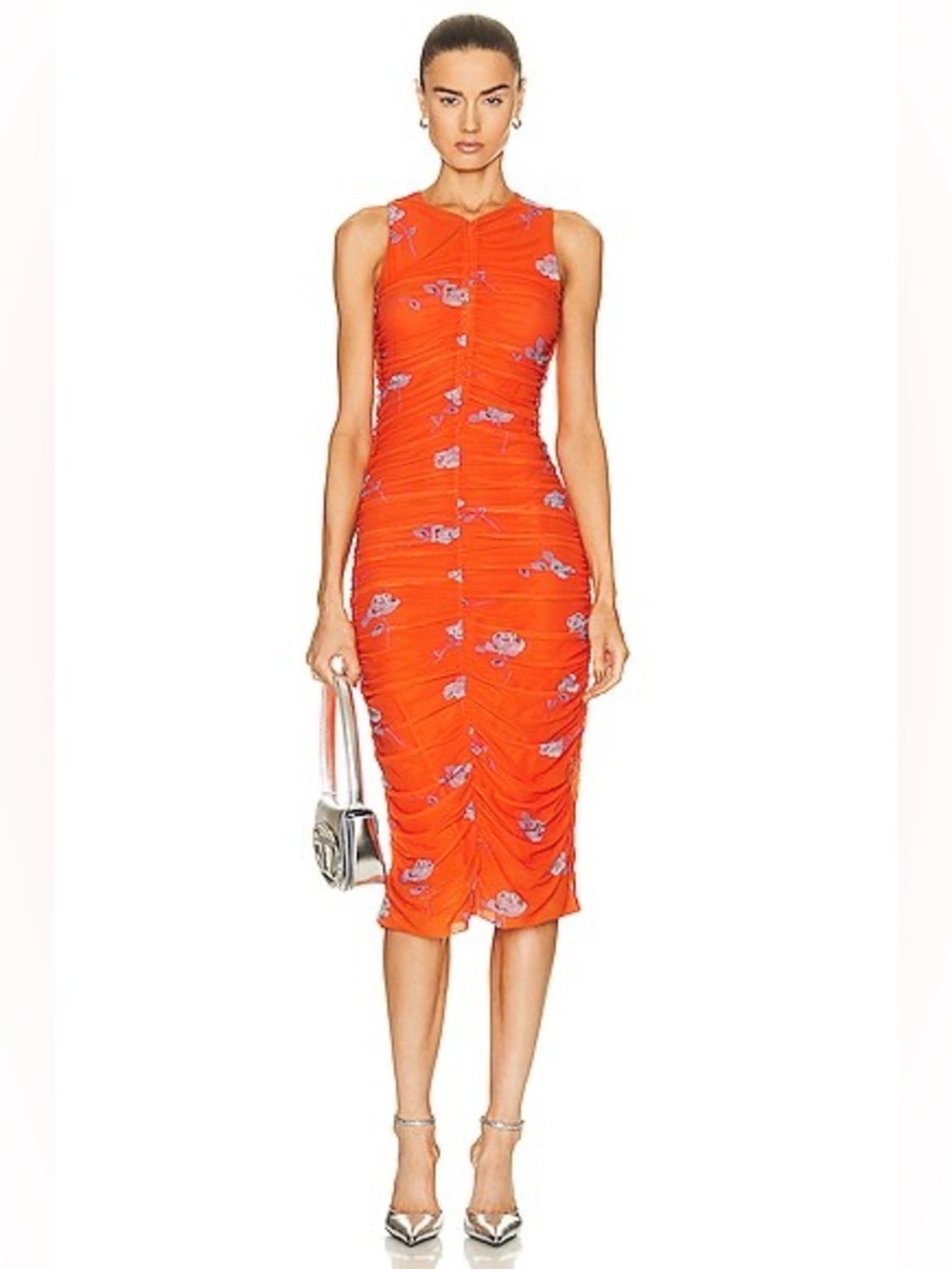 NWT Ganni Orange Ruched Mesh Midi Dress with Lavender Floral Motif
